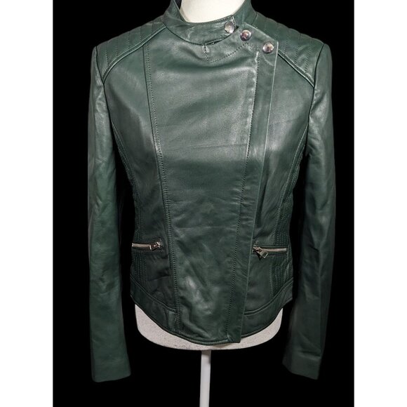 Corbani Green Quilted Shoulder Genuine Leather Moto Jacket Size Medium - Picture 1 of 13